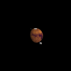 This image is an accurate illustration of Mars matching the picture taken of Mars through the PTO's telescope. The illustration shows Mars' equator, central meridian and a line showing the planet's axis of rotation with North indicated.