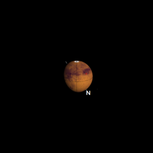 This image is an accurate illustration of Mars matching the picture taken of Mars through the PTO's telescope. The illustration shows Mars' equator, central meridian and a line showing the planet's axis of rotation with North indicated.