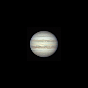 This image shows the planet Jupiter. The planet has several horizontal cloud bands. The image is south at the top.